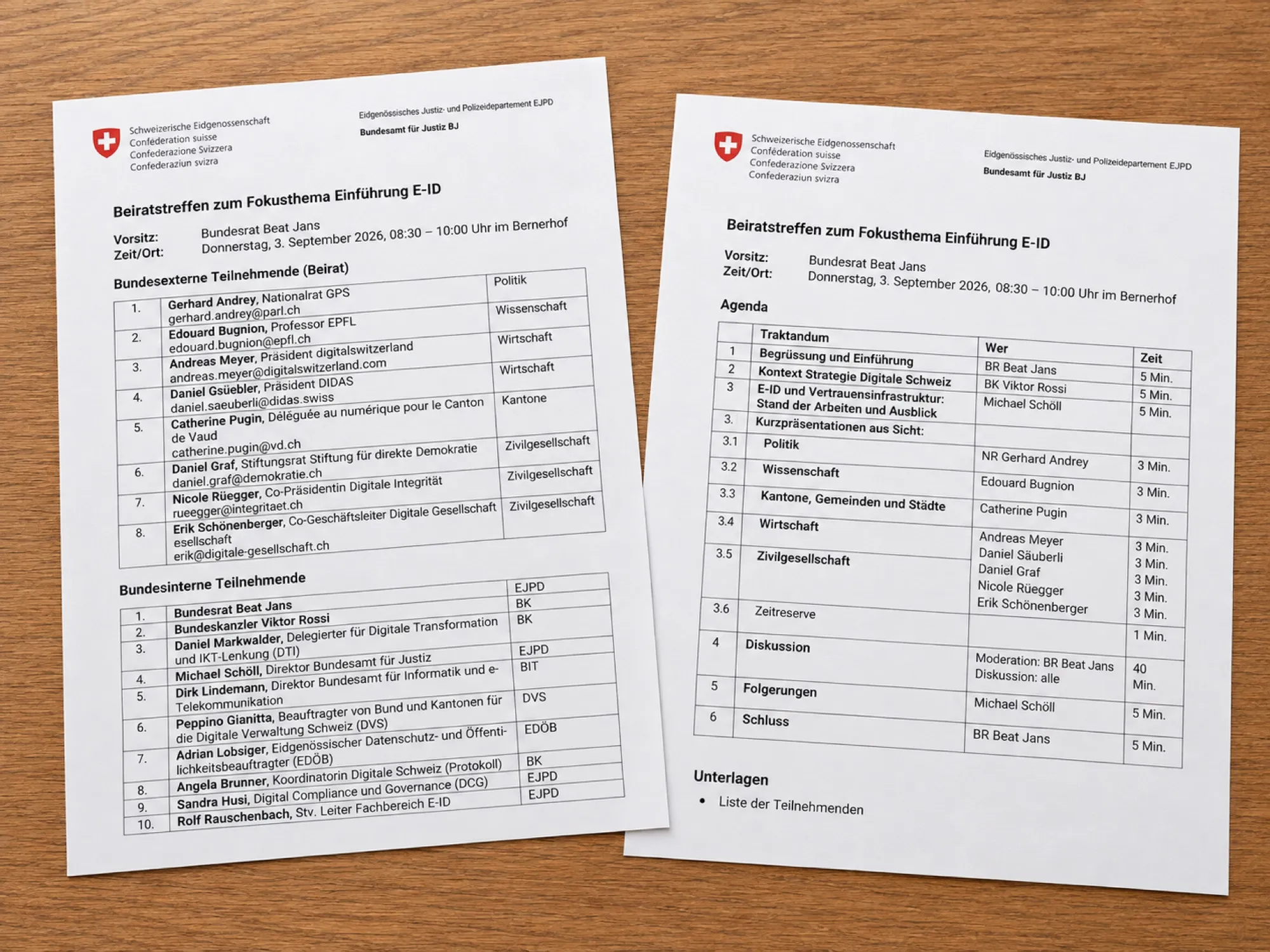Zwei Blätter: Teilnehmendenliste und Traktandenliste des Beiratstreffens zum Fokusthema Einführung E-ID vom 3. September 2026