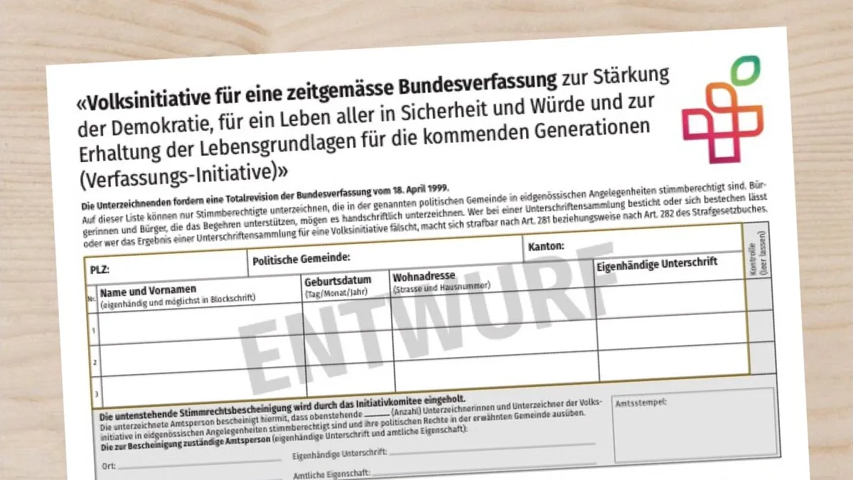 Entwurf des Unterschriftenbogens der Volksinitiative für eine zeitgemässe Bundesverfassung