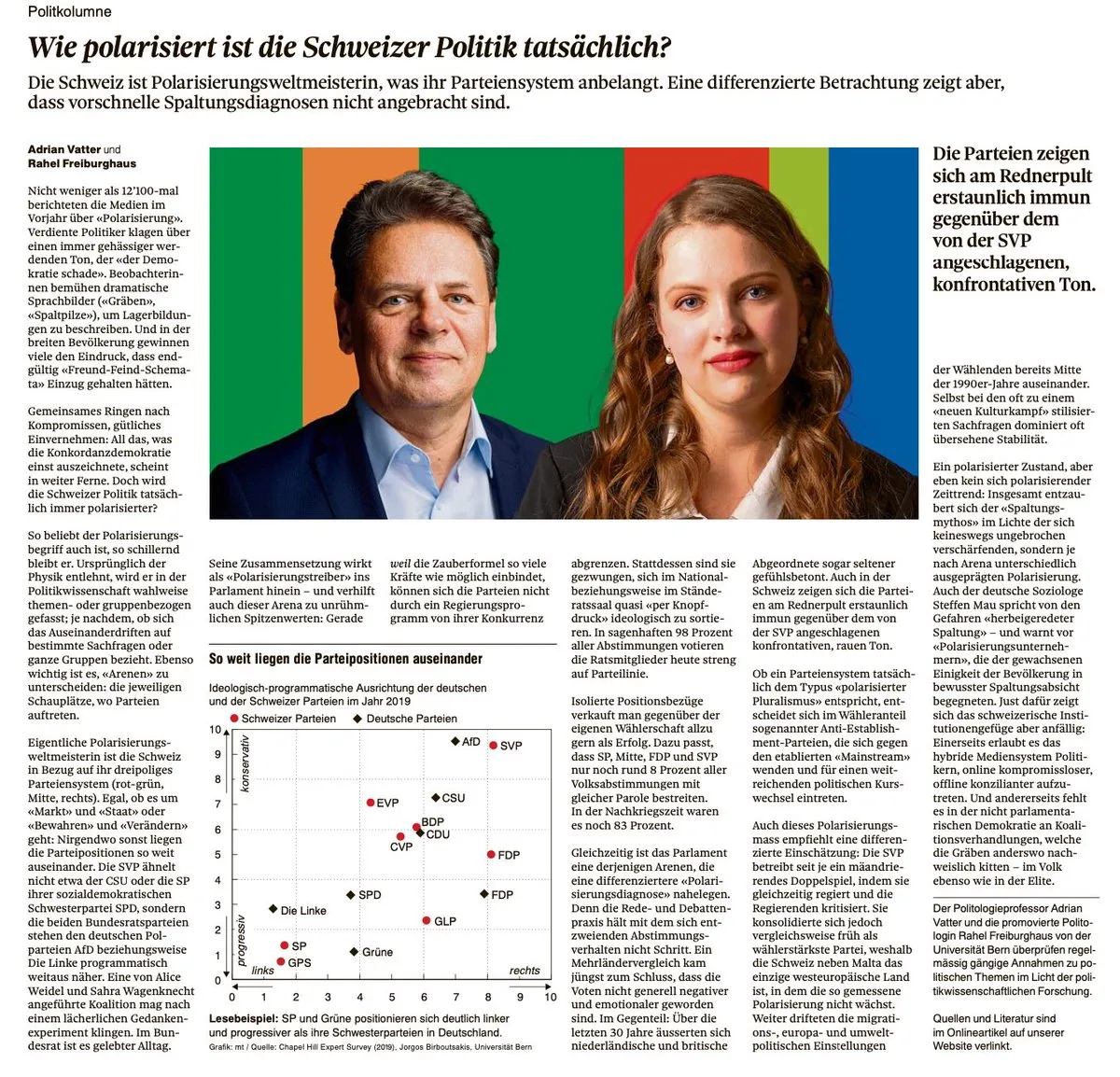 Zeitungskolumne «Wie polarisiert ist die Schweizer Politik tatsächlich?» von Adrian Vatter und Rahel Freiburghaus
