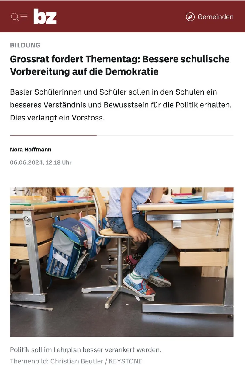 Artikel der bz: «Grossrat fordert Thementag: Bessere schulische Vorbereitung auf die Demokratie»