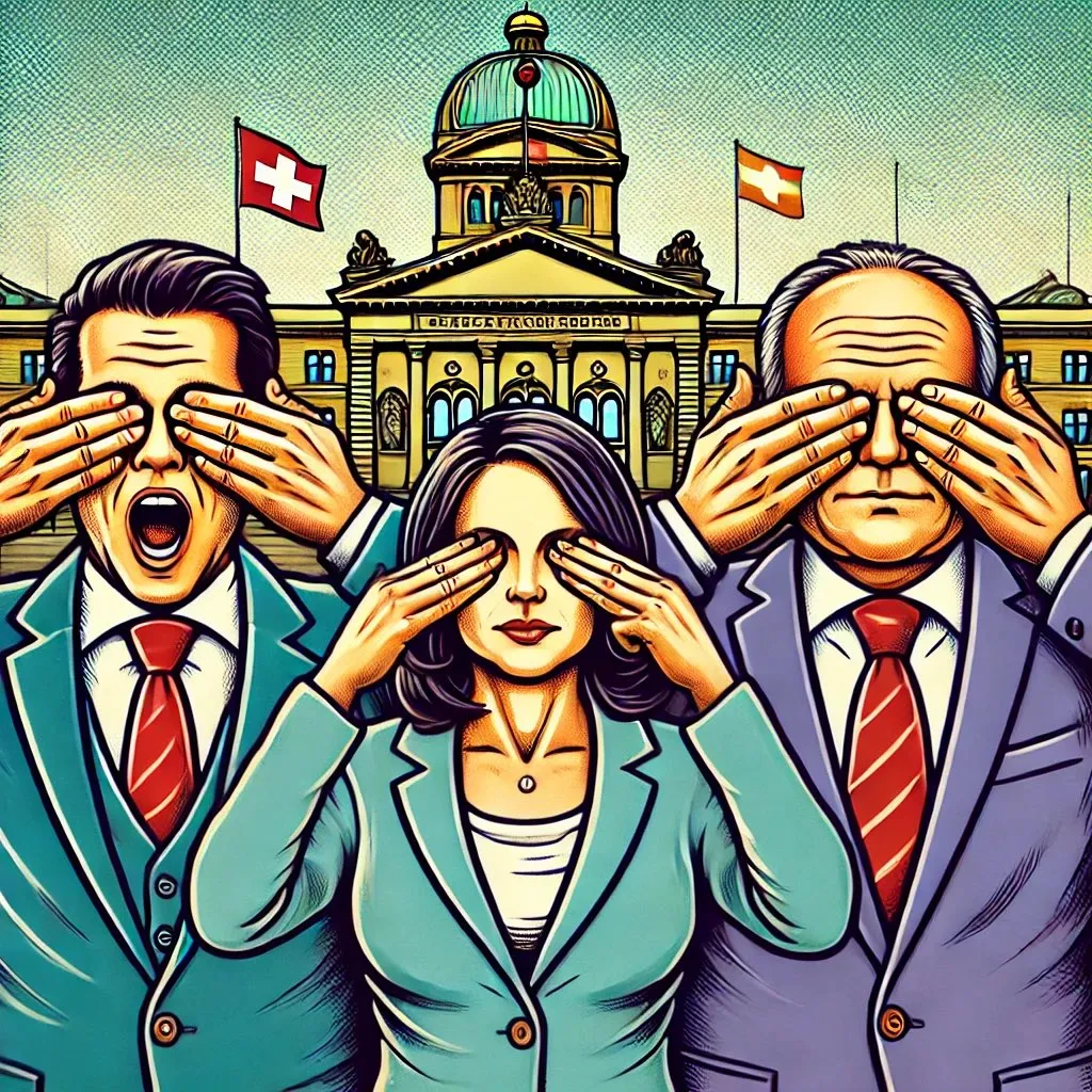 Karikatur: drei Bundesrät:innen vor dem Bundeshaus halten sich die Augen zu