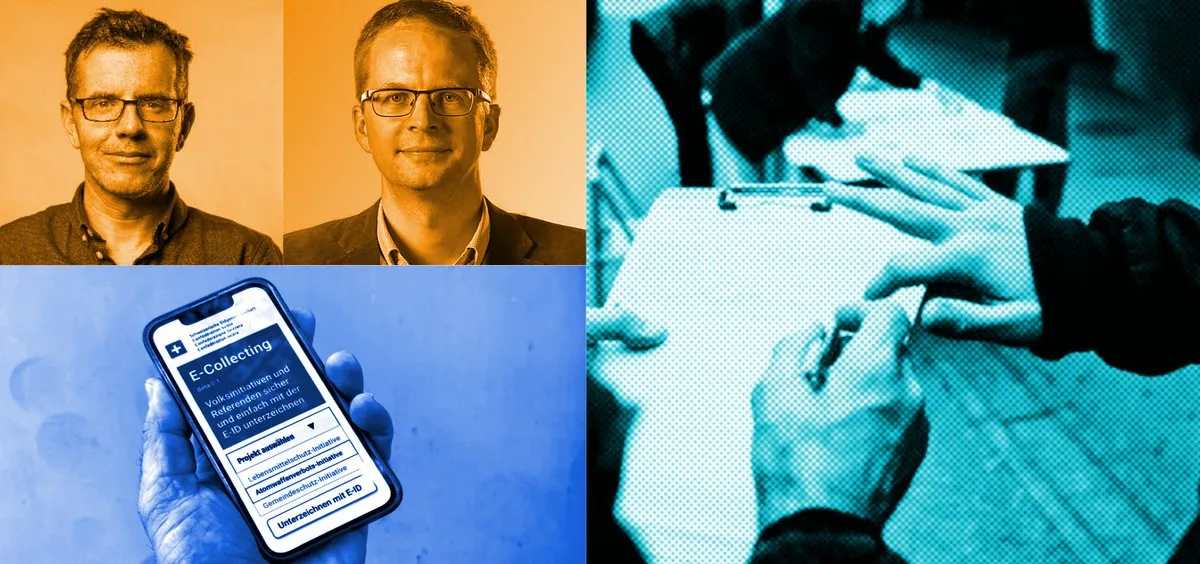 Collage mit zwei Journalisten, einem Smartphone mit E-Collecting und Händen beim Unterschreiben